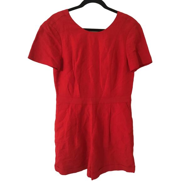 NWT Banana Republic Red Romper 8, Banded Waist Cuffed Hem Short Sleeves Pockets - Picture 1 of 6